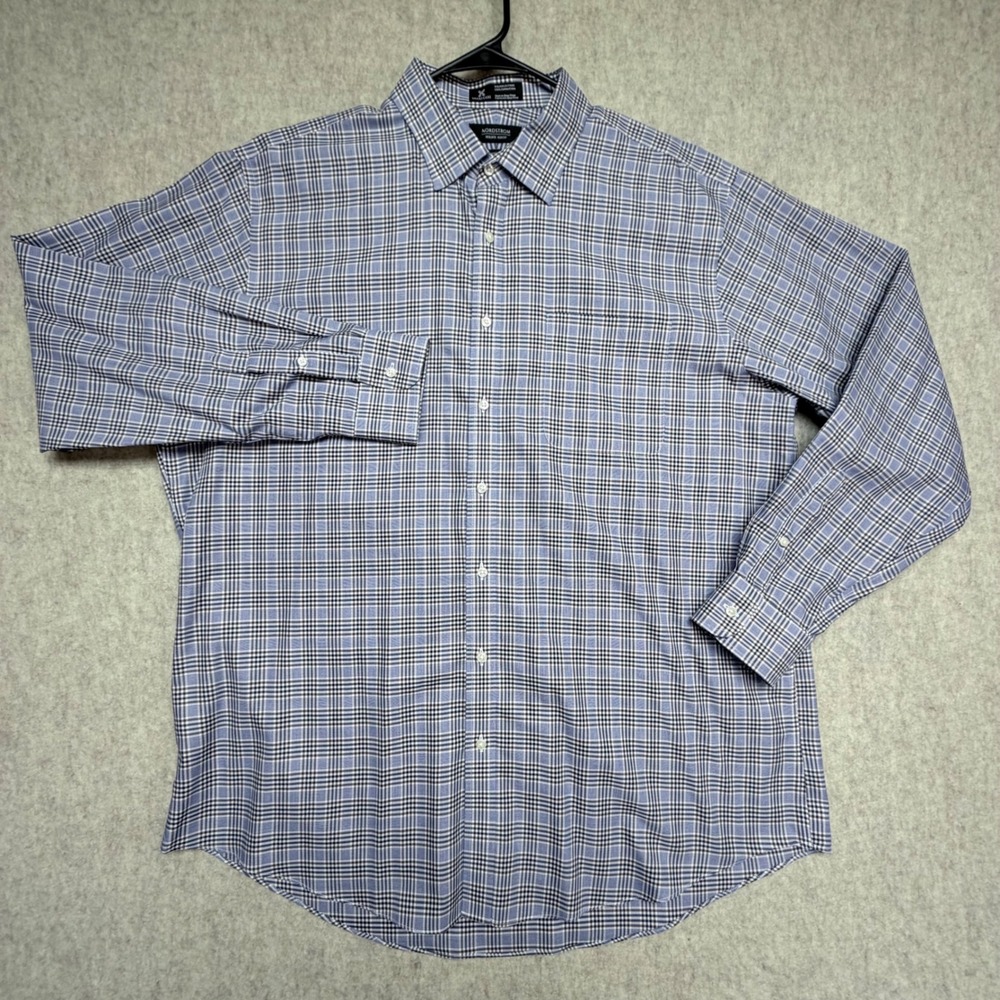 Nordstrom Mens Dress Shirt 17.5 37 Blue Plaid Smartcare Wrinkle Free Classic Fit